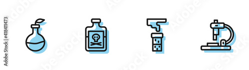 Set line Test tube and flask, Plant breeding, Poison bottle and Microscope icon. Vector.