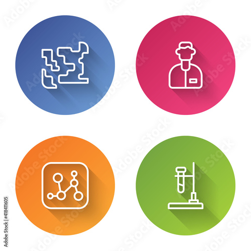 Set line Gaseous, Laboratory assistant, Chemical formula and Test tube flask on fire. Color circle button. Vector.