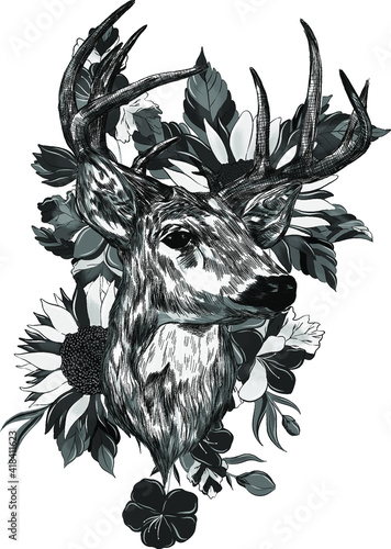 deer head with big horns and sunflowers flowers bouquet white, black sketch vector illustration print 