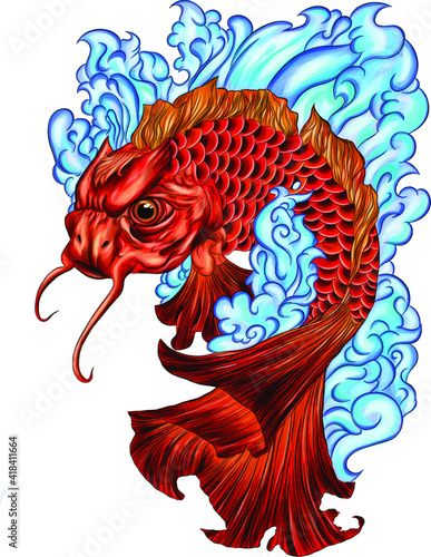 fish japanese carp color drawing vector illustration
