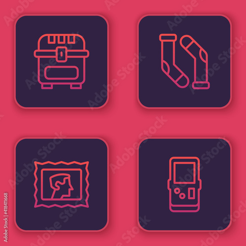 Set line Antique treasure chest, Postal stamp, Socks and Tetris. Blue square button. Vector.