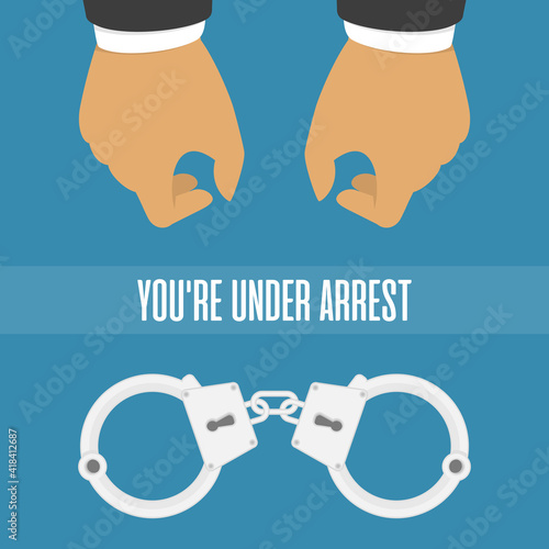Handcuffs on the hands of the criminal. Arrested man in handcuffs vector illustration in flat style. A crime, corruption and arrest concept.