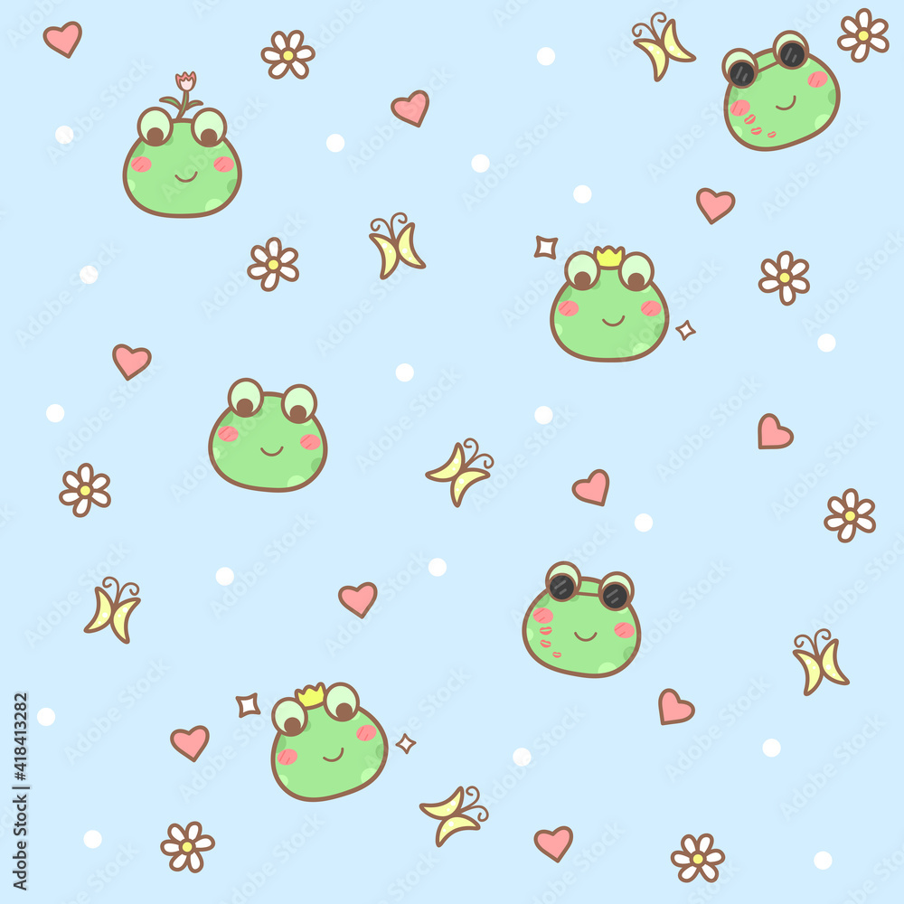 Cute pattern with little frogs, flowers and hearts. Cute pattern with little frogs, flowers and hearts.