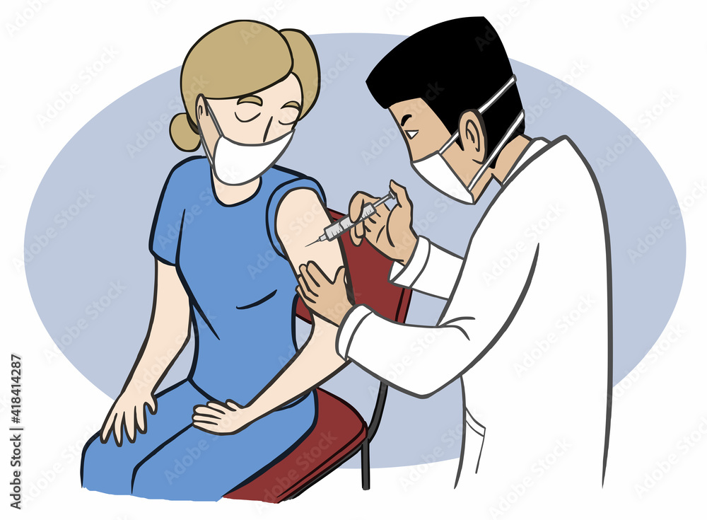 illustration of a doctor giving corona virus vaccine, home care service concept