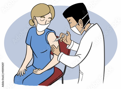 illustration of a doctor giving corona virus vaccine, home care service concept