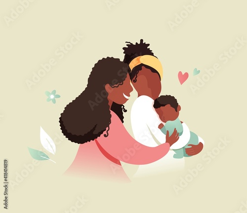 Vector Illustration Of Happy Gay Female Couple Holding Adopted Baby Son In Arms. Lesbian and Gay Parents concept.