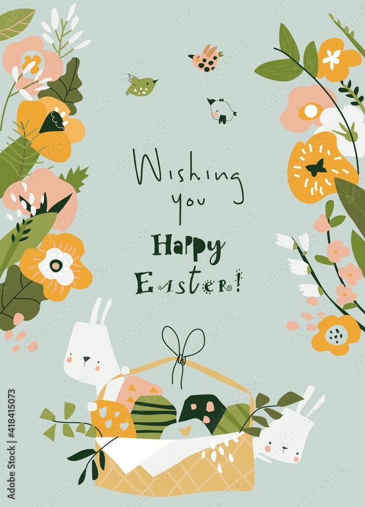 Fototapeta premium Cartoon Easter illustration with rabbits, flowers and easter eggs