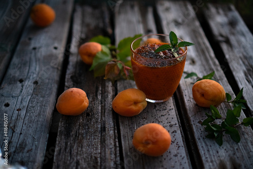Blended Colorful Apricot Sugar Free Smoothie with Chia Seeds and Mint