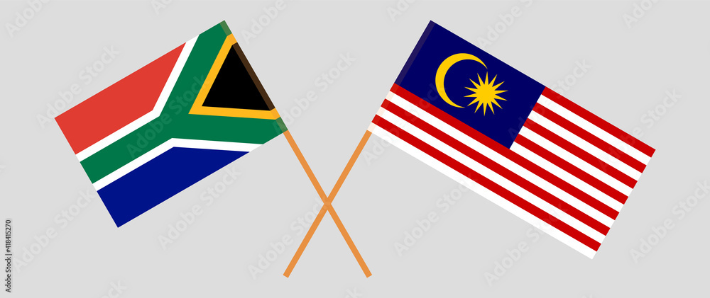 Crossed flags of Republic of South Africa and Malaysia. Official colors. Correct proportion Crossed flags of Republic of South Africa and Malaysia. Official colors. Correct proportion