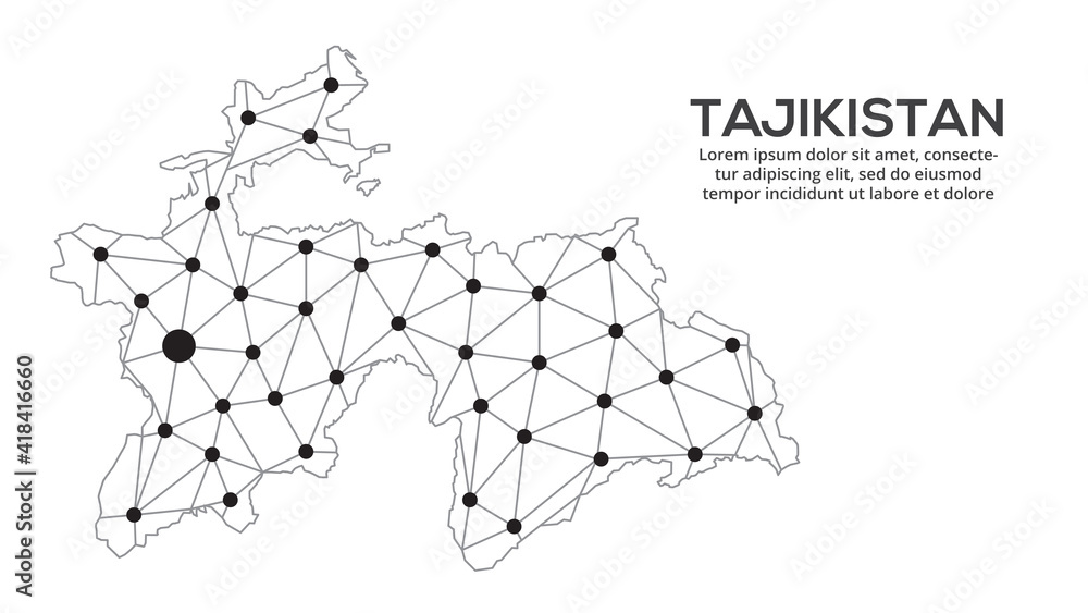 Tajikistan communication network map. Vector image of a low poly global map with city lights. Map in the form of lines and dots Tajikistan communication network map. Vector image of a low poly global map with city lights. Map in the form of lines and dots