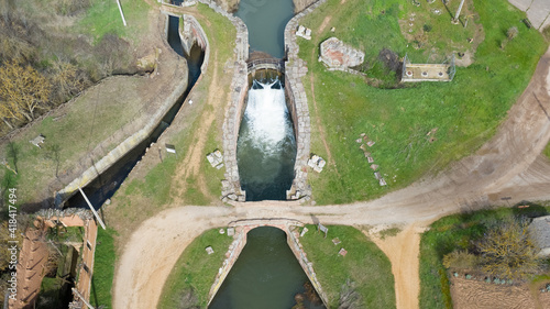 Photos aerial view of Lock 1 of the Canal de Castilla, Alar del Rey, Palencia, Spain