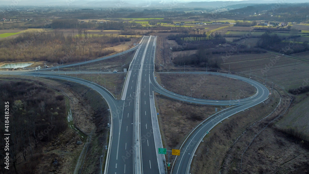 Aerial drone view of highway. Interchange road. Aerial drone view of highway. Interchange road.