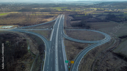 Aerial drone view of highway. Interchange road. 