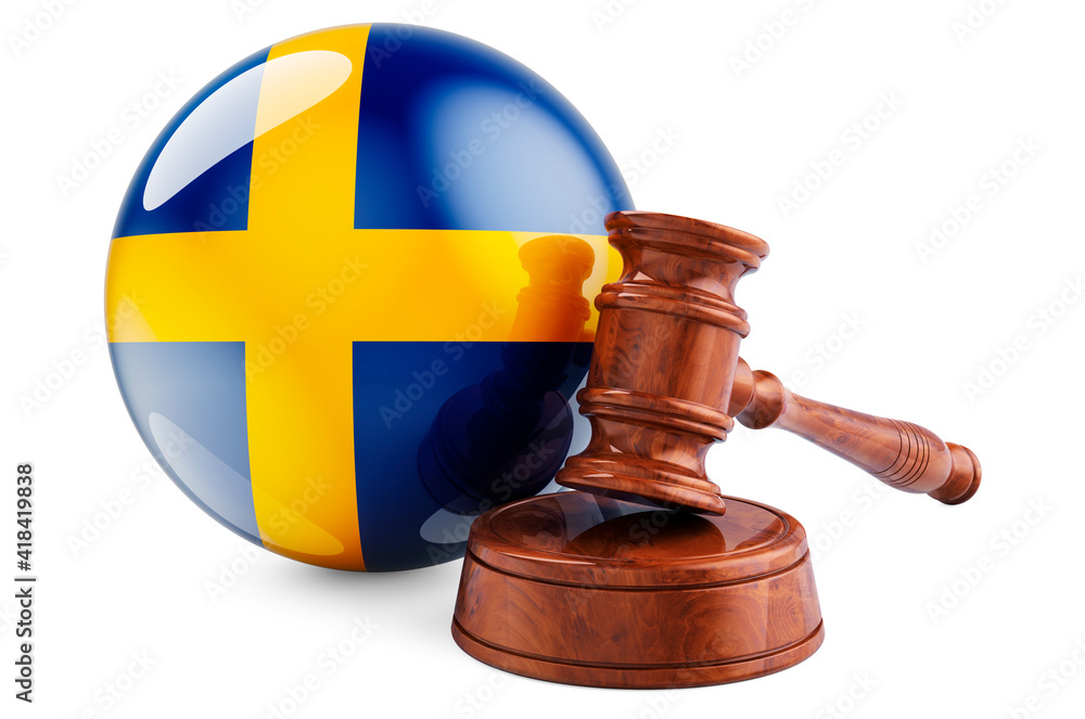 Swedish law and justice concept. Wooden gavel with flag of Sweden. 3D rendering