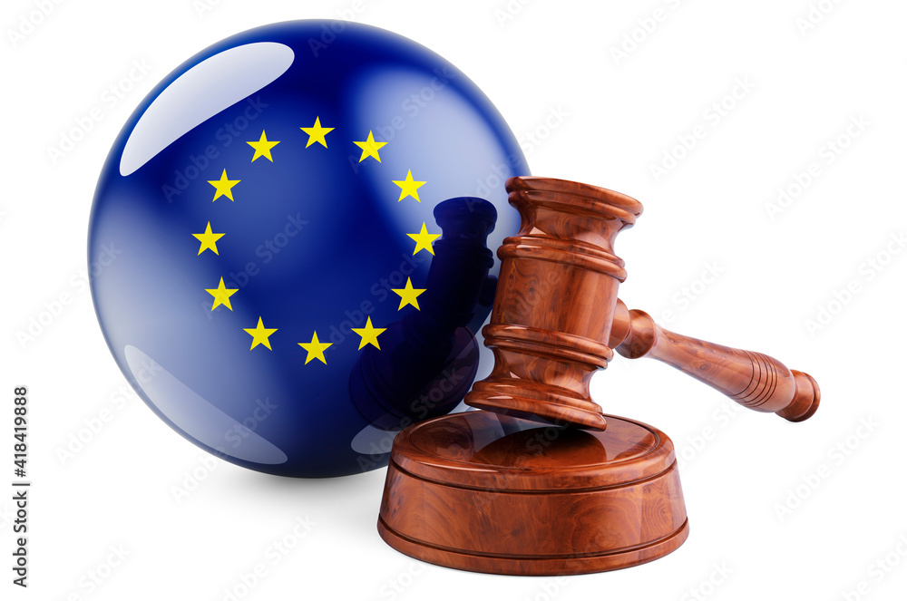 The European Union law and justice concept. Wooden gavel with flag of the EU. 3D rendering