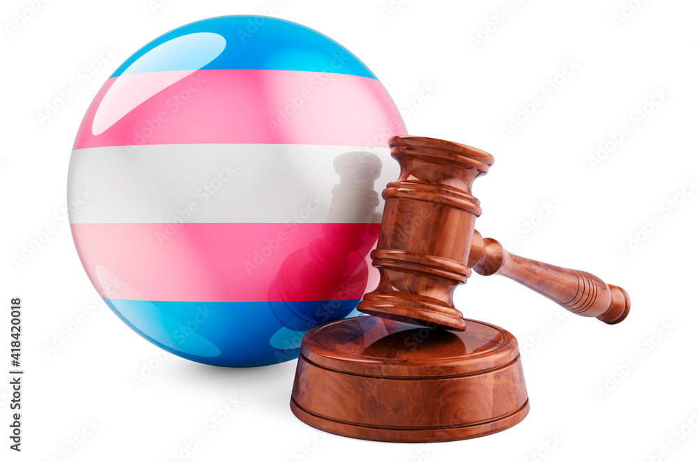 Wooden gavel with transgender flag. 3D rendering