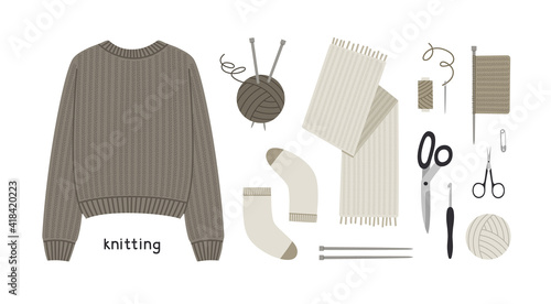 Vector illustration of knitting tools and knitted clothes in flat style. Knitting threads, knitting needles, crochet hooks, needle, thread, scissors, knitted fabric, pin, sweater, scarf, socks.  