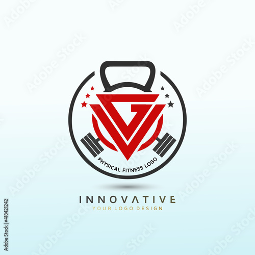 Online and Personal Training Business with dumbbell icon. Virtual CrossFit and fitness vector official logo template.
