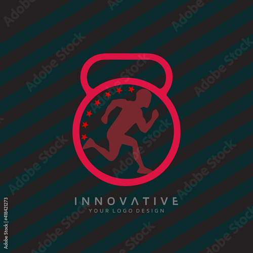 Fitness and networking group with dumbbell icon. Virtual CrossFit and fitness vector official logo template.