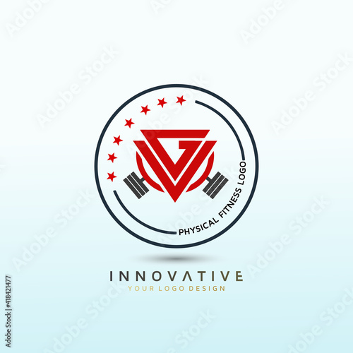 Online and Personal Training Business with dumbbell icon. Virtual CrossFit and fitness vector official logo template.