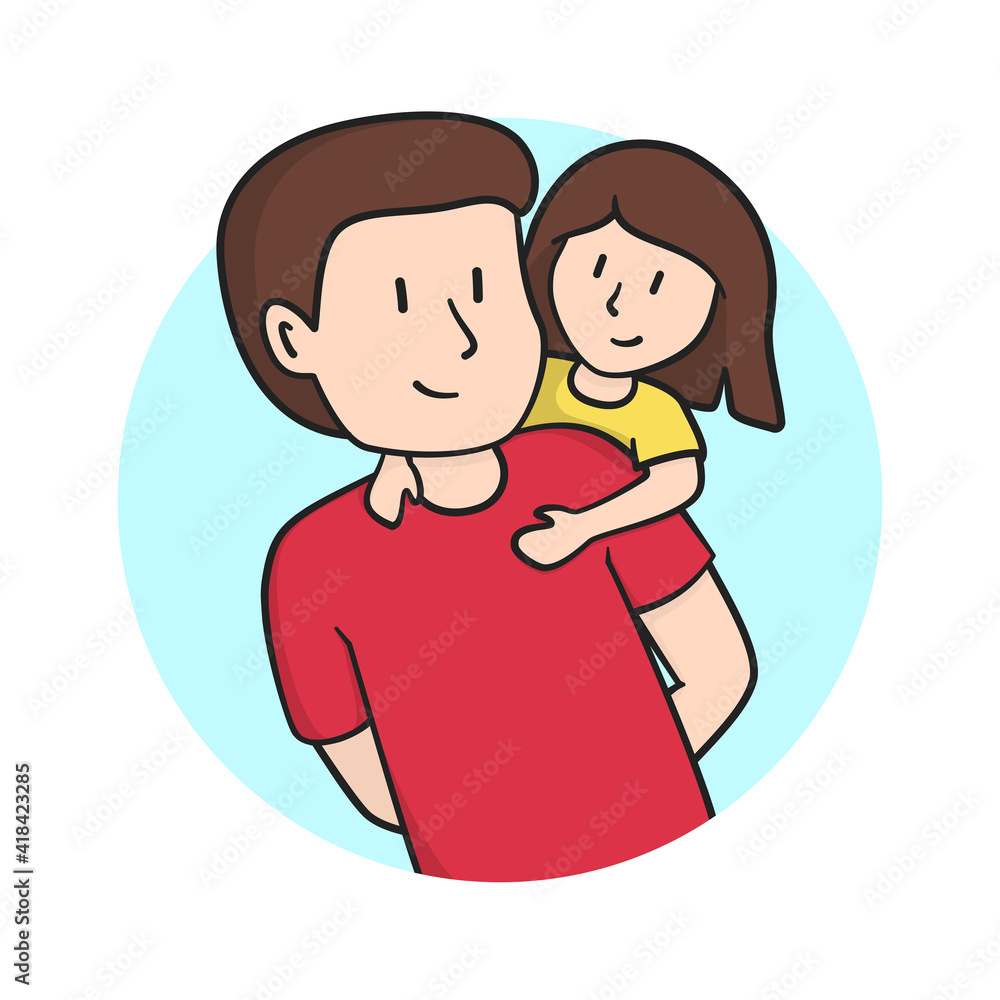 Young man giving piggyback ride to little girl, Father's Day happy family illustration Young man giving piggyback ride to little girl, Father's Day happy family illustration