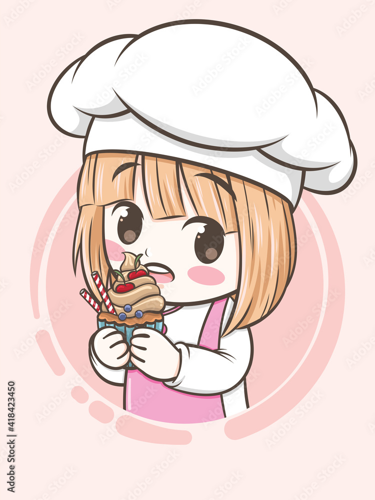 cute bakery chef girl holding a cake and bread - cartoon character and logo illustration cute bakery chef girl holding a cake and bread - cartoon character and logo illustration