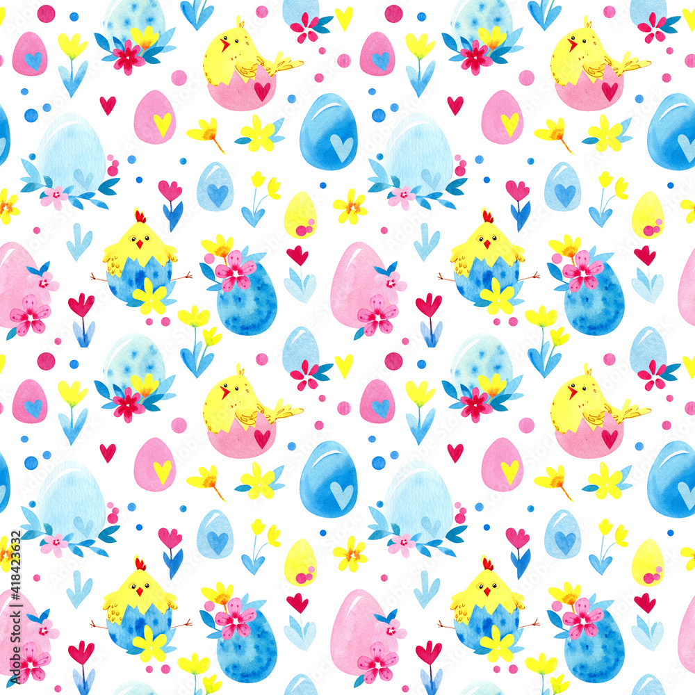 Watercolor Easter seamless pattern with cute yellow Easter chickens, eggs and flowers on a white background. Holiday background.