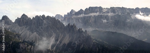 View over Wolkenstein and the cir peaks from the Stevia hut in dolomites, italy, panoramic scenic