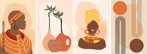 A set of artistic abstract minimalistic illustrations in the African style. A dark-skinned man in profile and a woman in a turban against a background of simple forms. The arch of the rainbow and sun