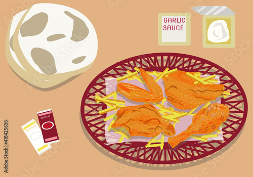 Broasted fried chicken with pita bread and french cries on a red plastic tray concept. Editable Clip Art.