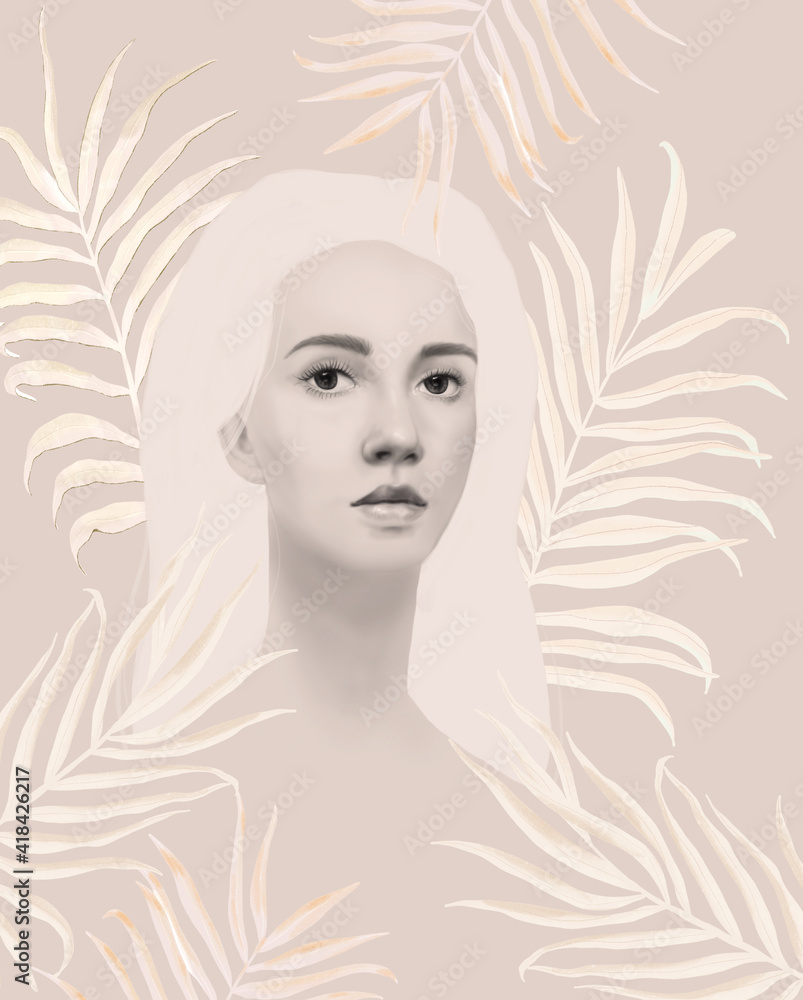 Illustration with a beautiful girl and tropical leaves. Hand-drawn vintage illustration, 3D image. Abstract female faces. Fantasy  woman.