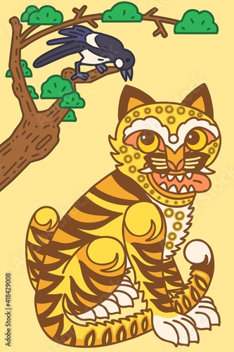 A tiger and a magpie drawn in the style of Minhwa. Minhwa refers to Korean folk art produced mostly by itinerant or unknown artists without formal training.