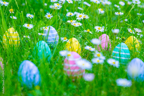 bunte Ostereier liegen auf der Wiese