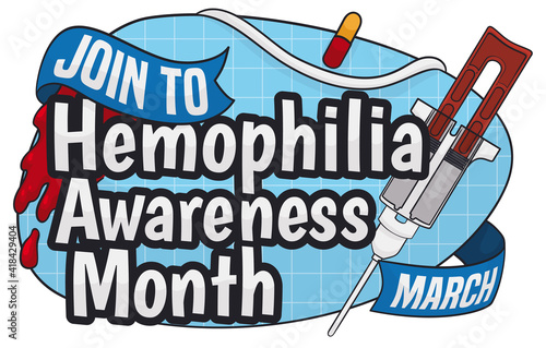 Fibrin Sealant, Pill Sign and Ribbon Promoting Hemophilia Awareness Month, Vector Illustration