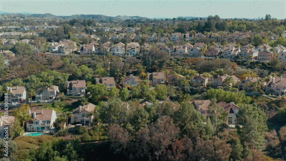 Aerial drone view of housing, on a hillside, in Mission Viejo, California