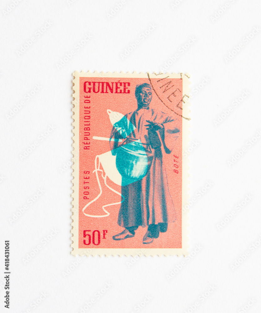 Guinea Republic Postage Stamp. circa 1962. Traditional music instruments. Bote Series