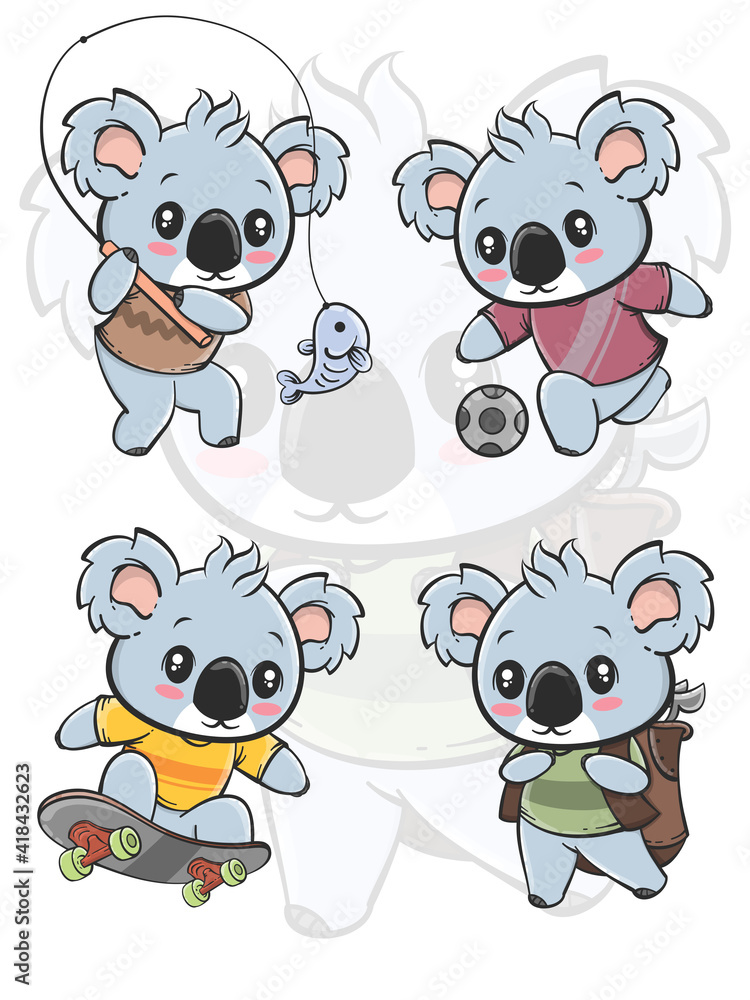 set of the outdoor activity cute koala cartoon character - all hobby