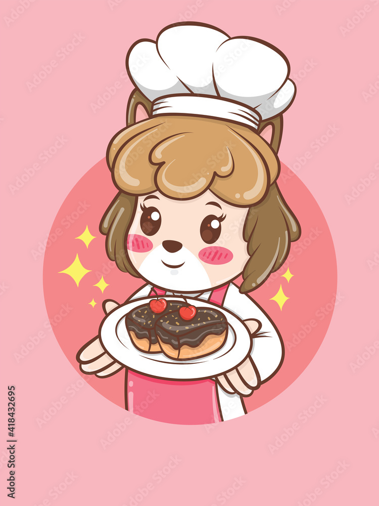 cute female dog chef holding a cake. bakery chef concept. cartoon character and mascot logo