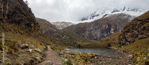 huge beautiful panorama landscape with enormous mountains with ice in huaraz, peru  © José Rego