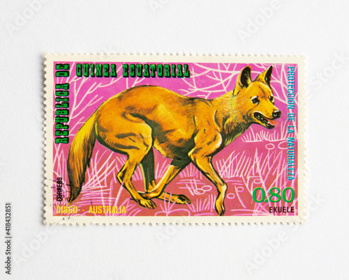 Guinea Republic Postage Stamp. circa 1974. Australian Animals. dingo photo