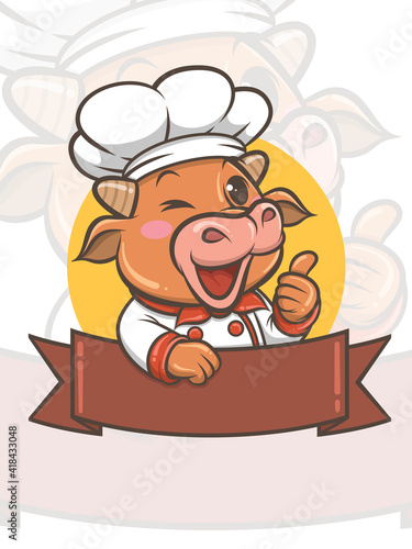 cute chef cow cartoon character - mascot and illustration