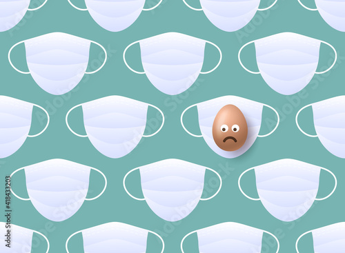Medical mask against a virus with realistic brown sad emoji easter egg on a green background. Happy easter Seamless pattern vector illustration