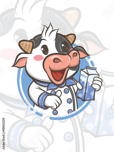 cute chef cow cartoon character holding packaged milk - mascot and illustration