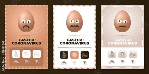 Easter coronavirus all in one icon poster set vector illustration. Coronavirus protection flyer with realistic easter egg with emoji. Stay at home, use face mask, use hand sanitizer