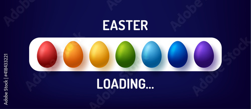 Progress bar with inscription - Easter Loading and decorated rainbow egg in realistic style. Vector illustration for t-shirt design, poster, greeting card, easter decoration.