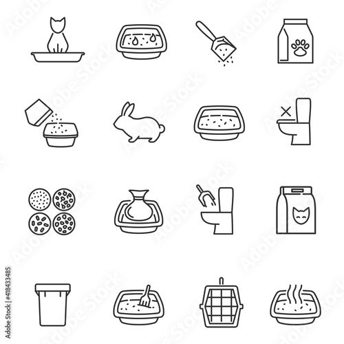 Set of various pet litter accessories lineart icon vector illustration domestic animals care hygiene