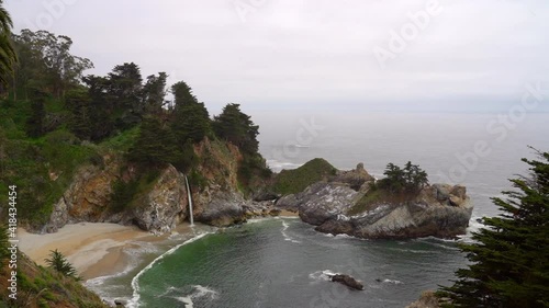 Lockdown time lapse shot of waterfall from rocks at beach against cloudy sky - Big Sur, California