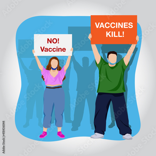 Anti-vaccine protest, vector illustration. Activist people holding placards to warn against vaccination dangers. Vaccine kills. No Vaccine.