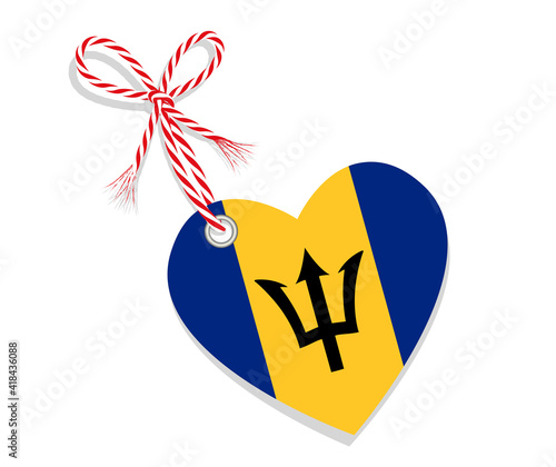 Fahne als Herz  „I Love Barbados“ mit Kordel-Schleife,
Vektor Illustration isoliert auf weißem Hintergrund
