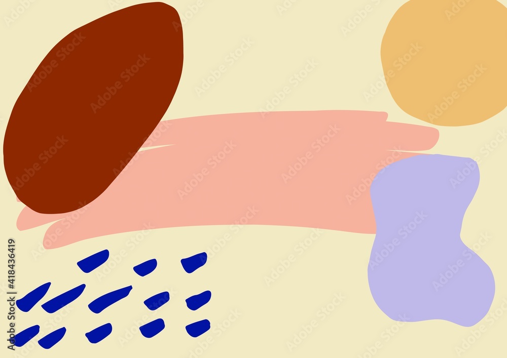 Composition of painterly shapes in pink browns and blues on off-white background